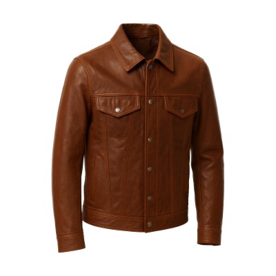 Leather jacket in jeans style with classic collar and snap buttons