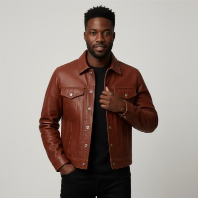 Leather jacket in jeans style with classic collar and snap buttons