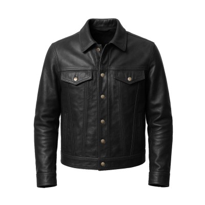 Leather jacket in jeans style with classic collar and snap buttons