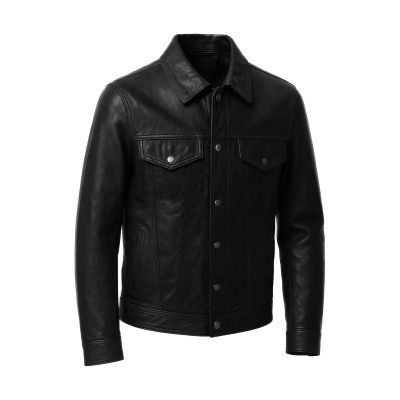 Leather jacket in jeans style with classic collar and snap buttons