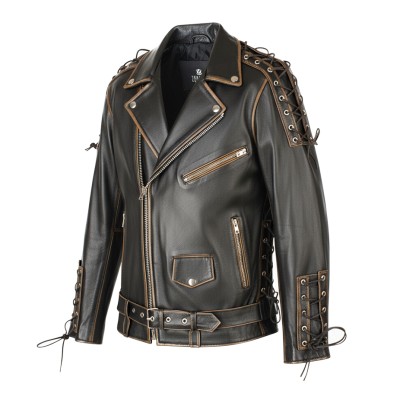 Leather biker jacket with eagle and ropes