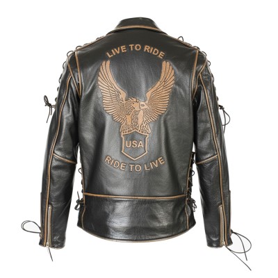 Leather biker jacket with eagle and ropes