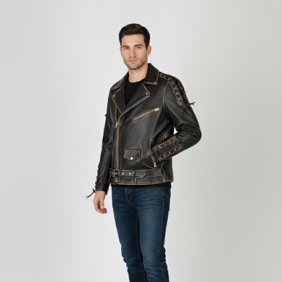 Leather biker jacket with eagle and ropes