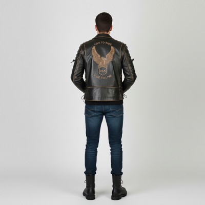 Leather biker jacket with eagle and ropes