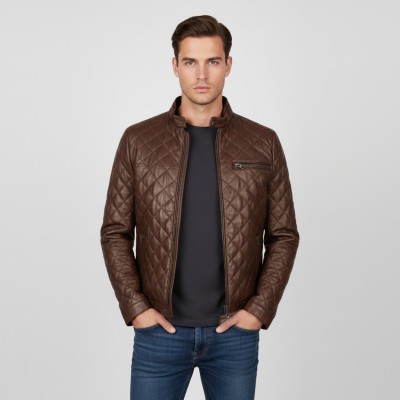 Quilted leather jacket with red detail