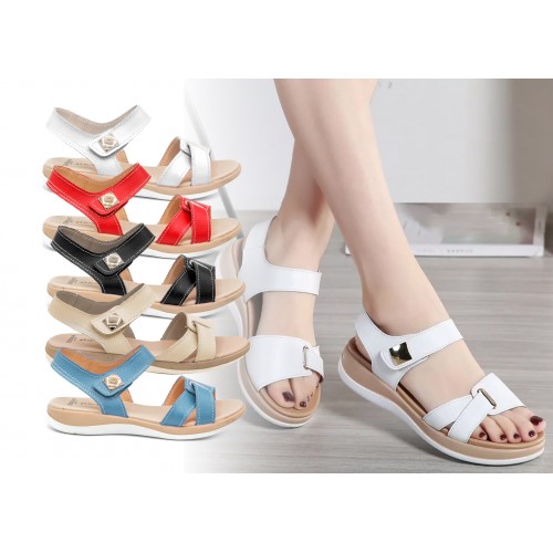 Flat leather sandals with velcro model BOBBE