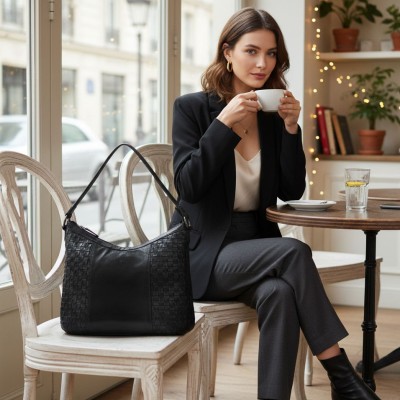 Braided leather shoulder bag 30x26x7 cm TRAMA