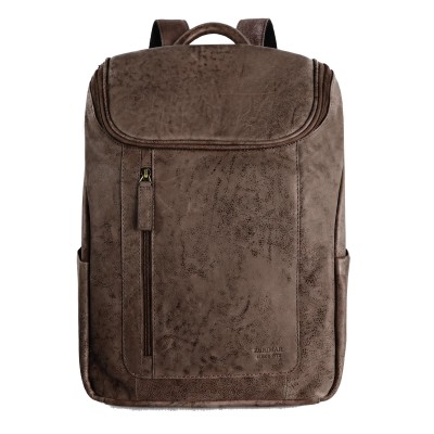 Vintage-style engraved leather backpack with zip closure