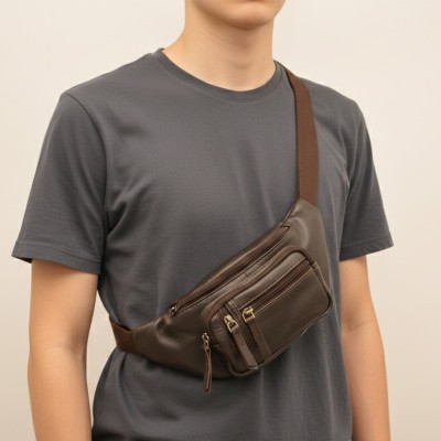 Leather waist bag with several compartments 26x12x6 cm