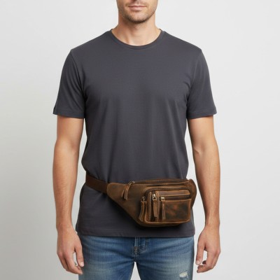 Leather waist bag with several compartments 26x12x6 cm
