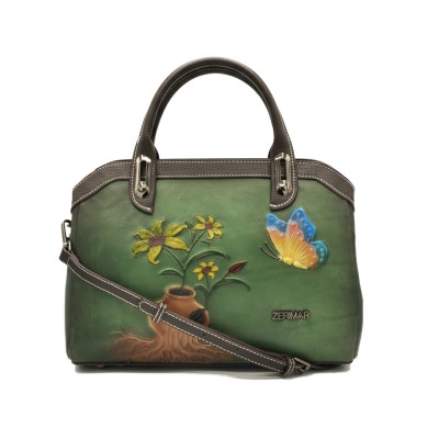 Engraved leather bag with double handle 30x20x9 cm ABRIL