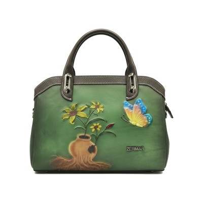 Engraved leather bag with double handle 30x20x9 cm ABRIL