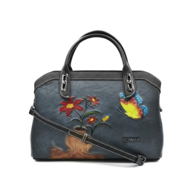 Engraved leather bag with double handle 30x20x9 cm ABRIL