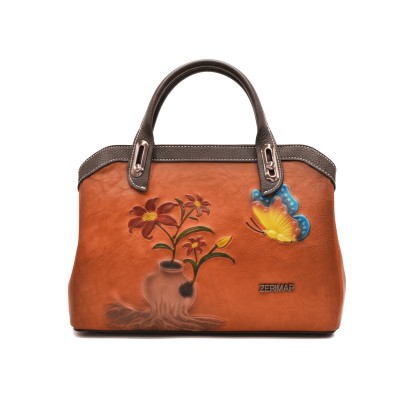 Engraved leather bag with double handle 30x20x9 cm ABRIL