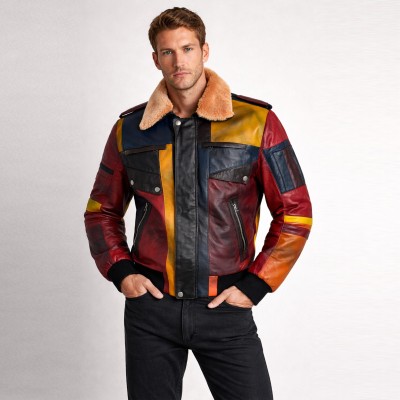 Multicoloured patchwork jacket with detachable collar