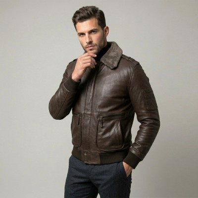 Aviator leather jacket with detachable collar