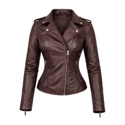 Black fitted jacket in natural leather biker style with zip closure