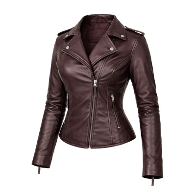 Black fitted jacket in natural leather biker style with zip closure