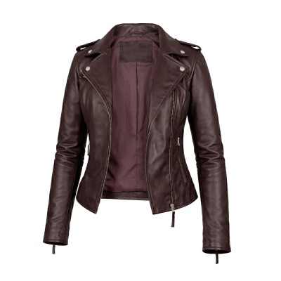 Black fitted jacket in natural leather biker style with zip closure