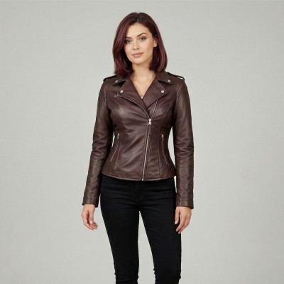 Black fitted jacket in natural leather biker style with zip closure
