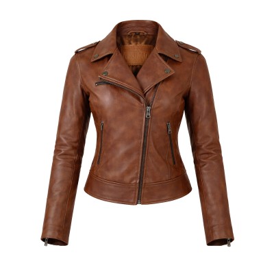 Black fitted jacket in natural leather biker style with zip closure