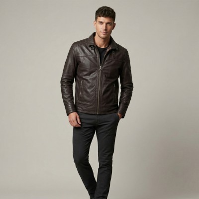 Leather jacket with classic collar GARBO model