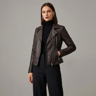 Biker style leather jacket with zipper NORA model