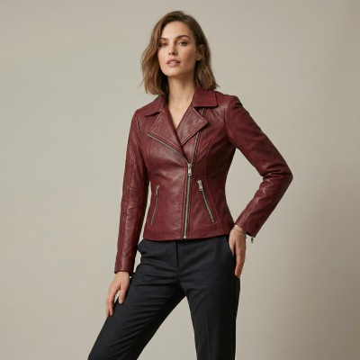 Biker style leather jacket with zipper NORA model