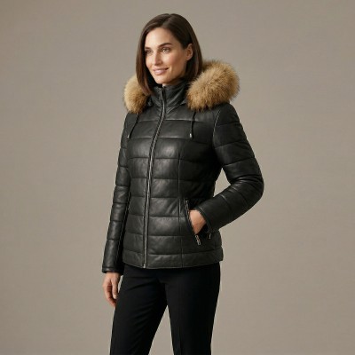 Leather jacket with racoon hood model ALMOND