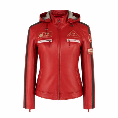 Leather jacket with patches and detachable hood BOLLWOM