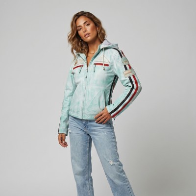 Leather jacket with patches and detachable hood BOLLWOM