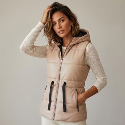 Quilted fur vest with hood and bow