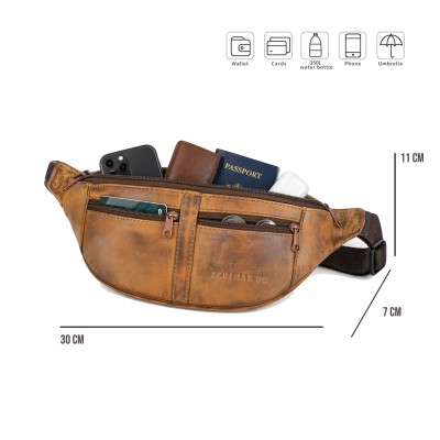 Leather waist bag with several compartments 30x11x7 cm
