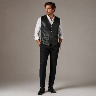 Leather vest with pockets and side laces