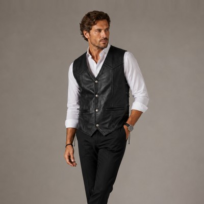 Leather vest with pockets and side laces
