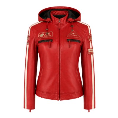 Leather jacket with patches and detachable hood BOLLWOM