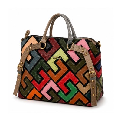 Leather Bag with Triple Handles 42x35x12 cm Model GEOMETRIC
