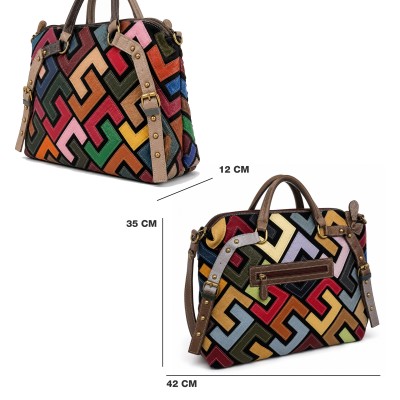 Leather Bag with Triple Handles 42x35x12 cm Model GEOMETRIC