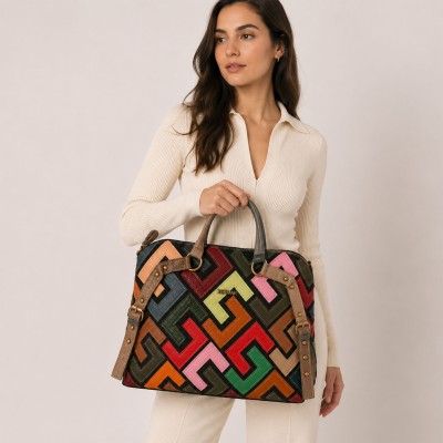 Leather Bag with Triple Handles 42x35x12 cm Model GEOMETRIC