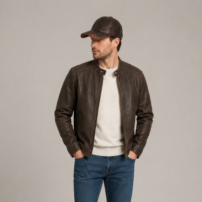 Leather Cap with Decorative Detail and Adjustable Closure