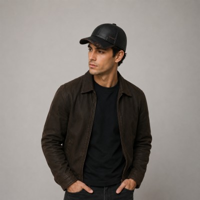 Leather Cap with Decorative Detail and Adjustable Closure