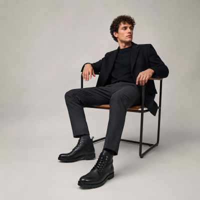 Military style lace-up leather track sole boots