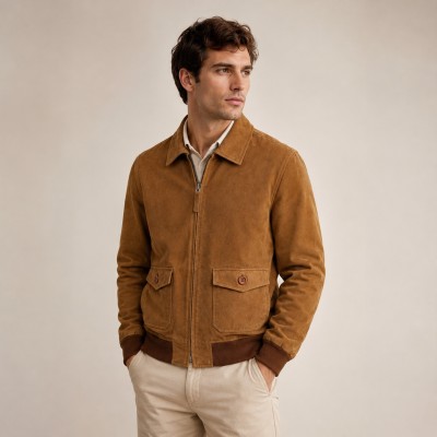 Suede Jacket with Classic Collar and Zipper FABBIO