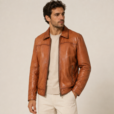 Leather jacket with classic collar SAVE model