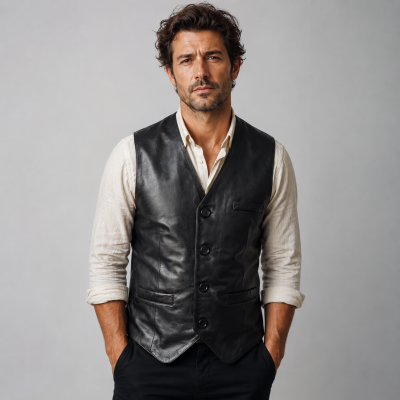 Elegant style buttoned leather vest