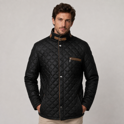 Padded leather jacket with double closure and buckle