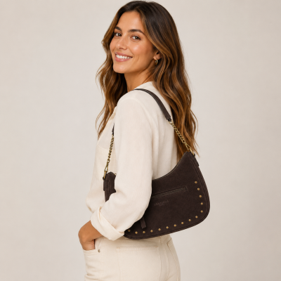Suede bag with double handles and studs 32x20x10 cm