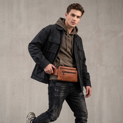 Rectangular leather belt bag with adjustable strap 21x13 cm