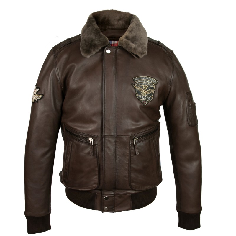 Leather jacket with aviator-style patches with detachable collar Zerimar - 2