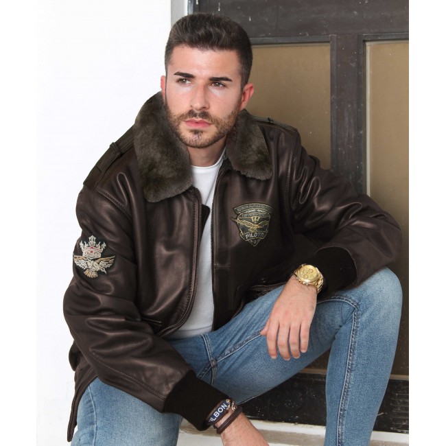 Leather jacket with aviator-style patches with detachable collar